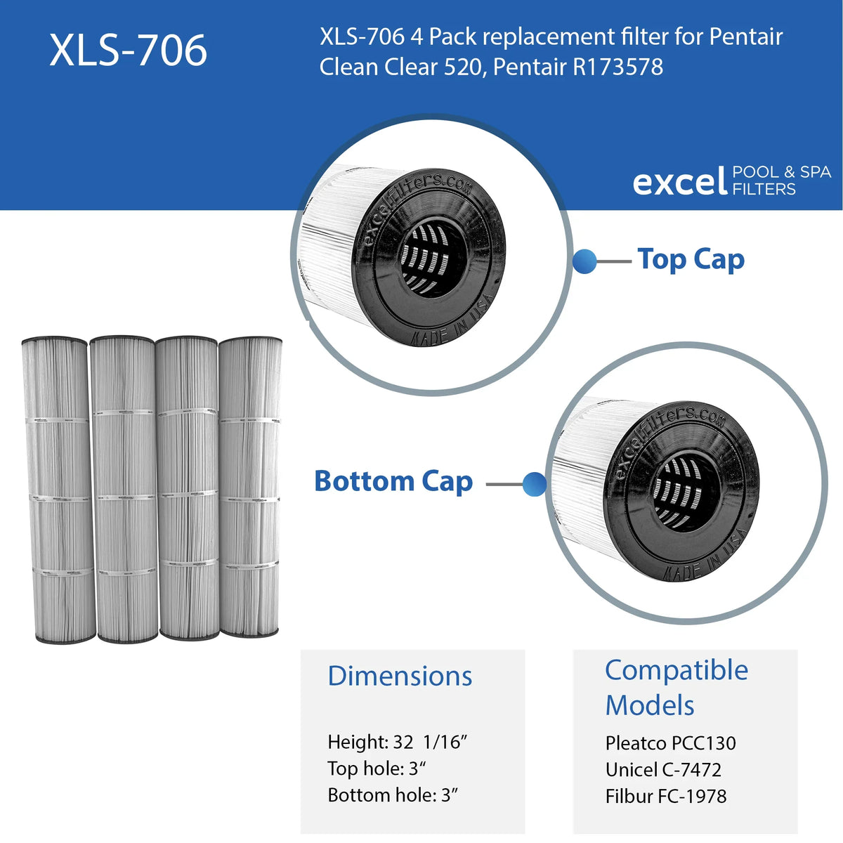 XLS-706 Replacement Pentair Pleatco Filter 4 Pentair FC-1978, PCC130 Filbur for 520, C-7472, Clear Also R173578. Pack Unicel Clean Replaces
