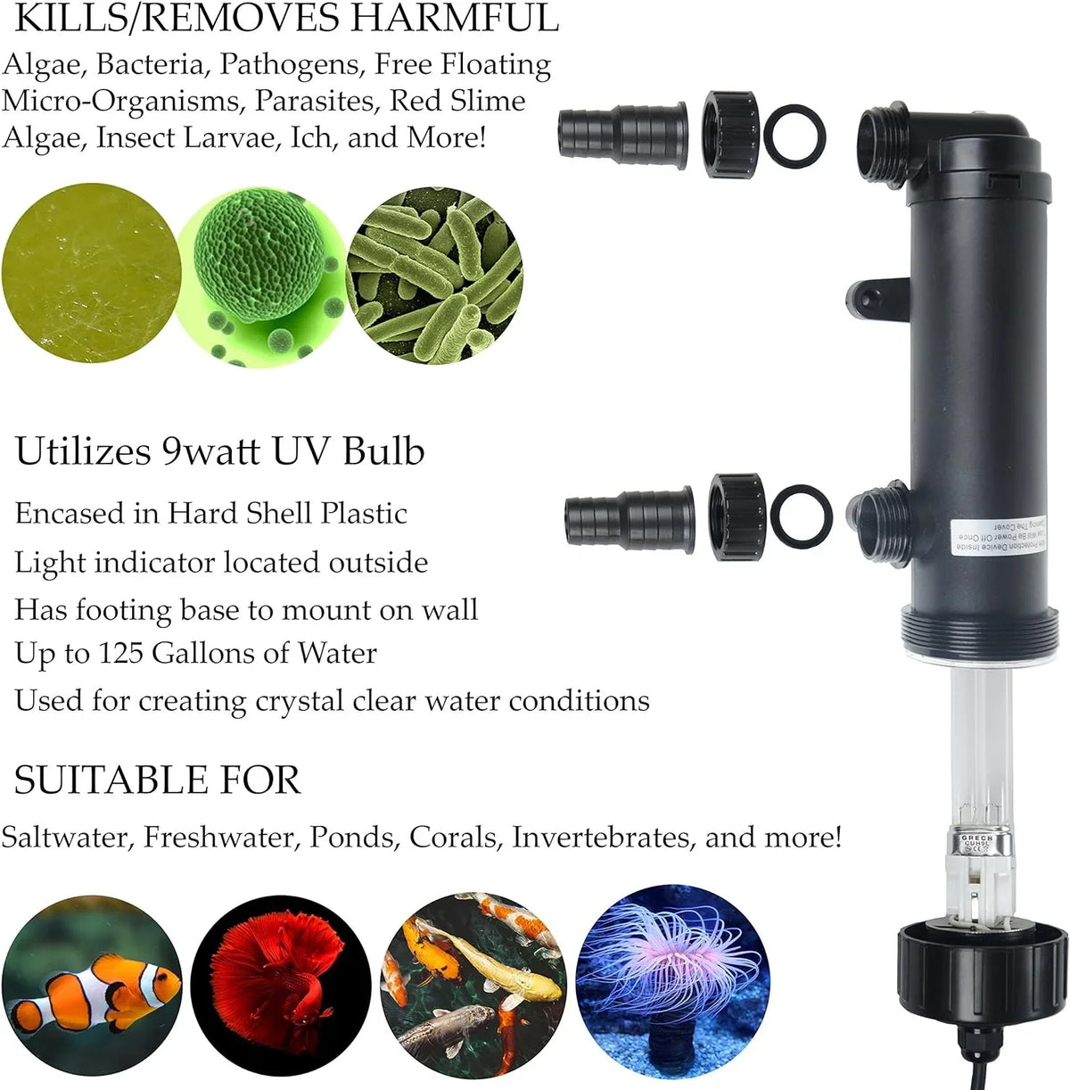 Koi Clarifier Lamp UV For Pond Ultraviolet Light 9W Non-Submersible Fish Filter 11" Aquarium