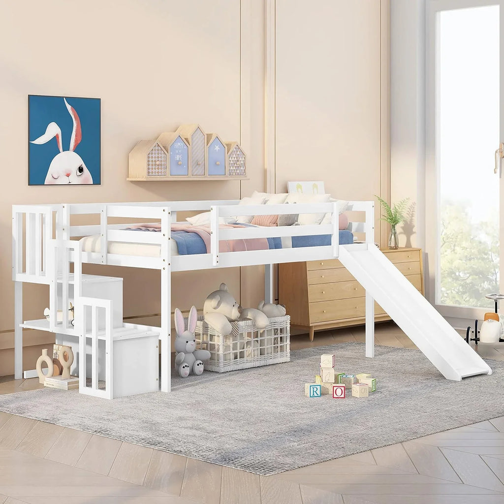 Needed Loft with Size (White) Teens Twin Loft Spring Frame and for Wood Low Bright with Toddlers Box Stairs Rail &amp; Harper Designs No Bed Bed Safety NLTBONNIE Slide