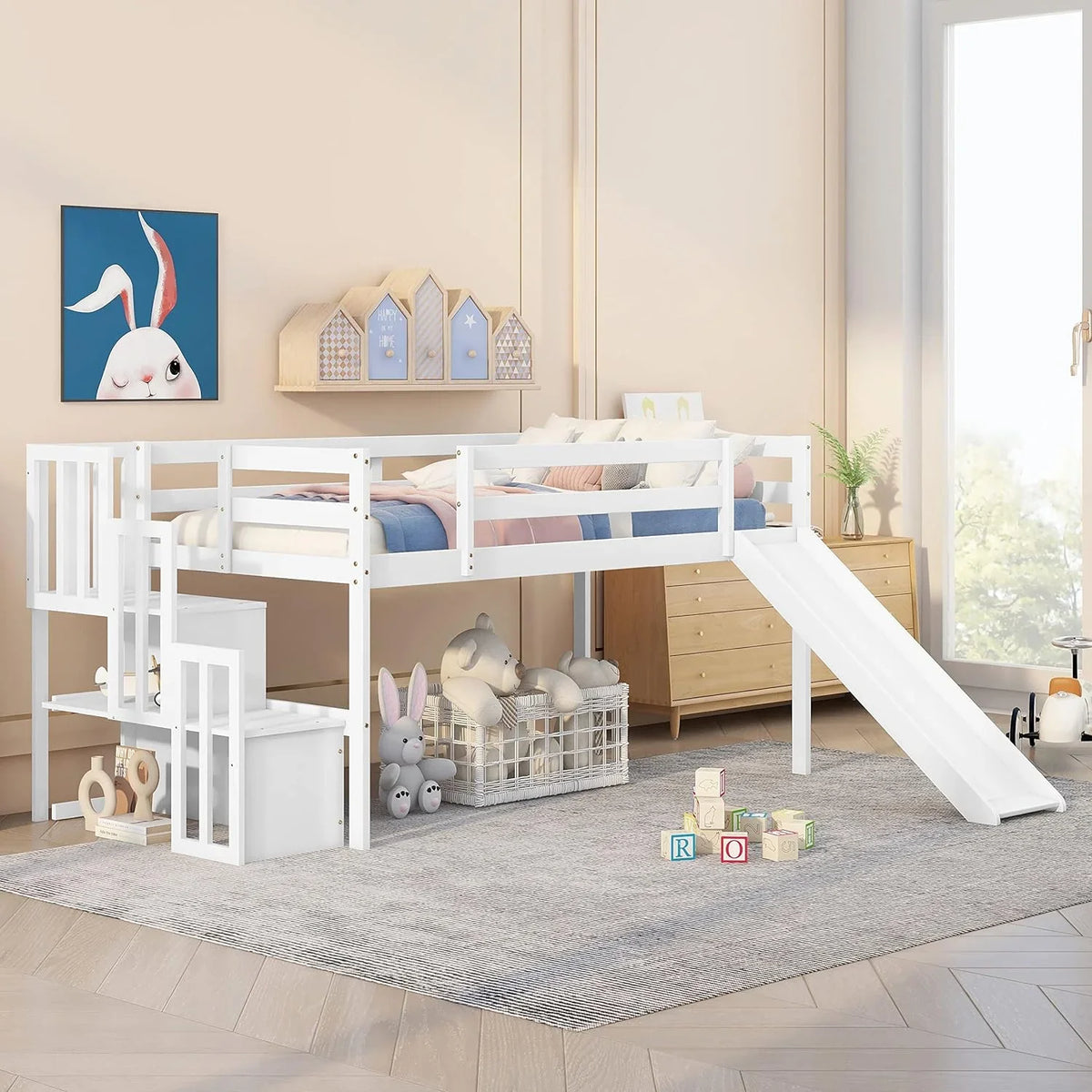 Needed Loft with Size (White) Teens Twin Loft Spring Frame and for Wood Low Bright with Toddlers Box Stairs Rail &amp; Harper Designs No Bed Bed Safety NLTBONNIE Slide