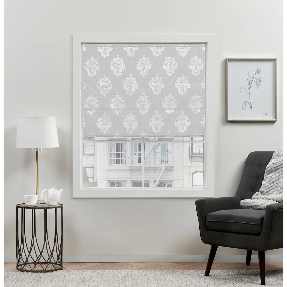 Shade, 34"x64", Blackout Home Roman Exclusive Marseilles 100% Silver Damask
