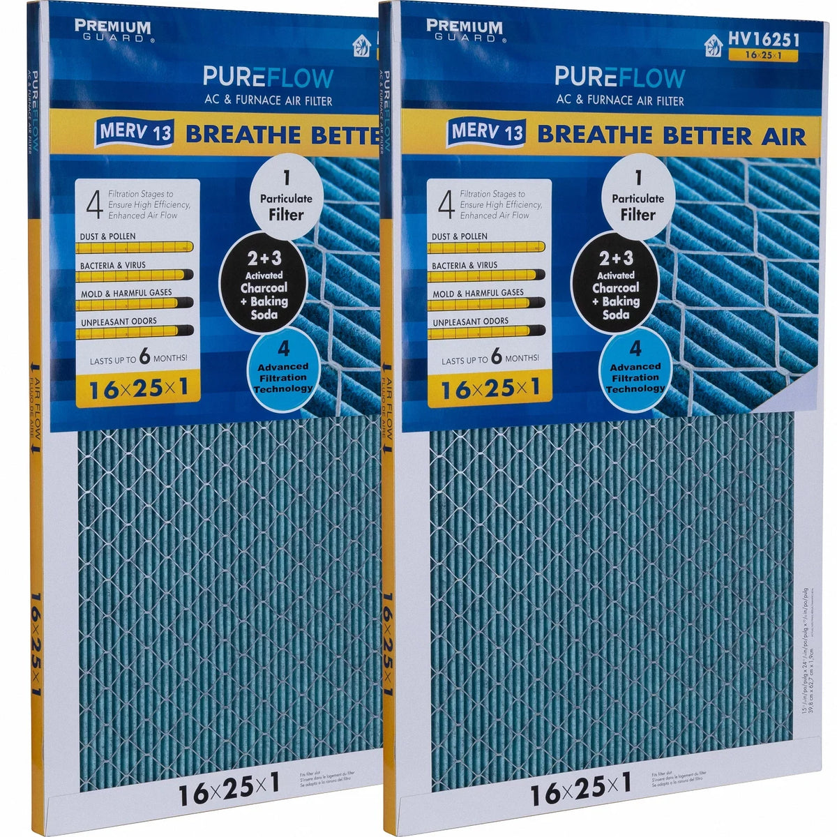 PureFlow, Filter 4 of with MERV-13 Technology, Advanced Furnace Layers Air 16x25x1, Home Filtration Pack-of-2