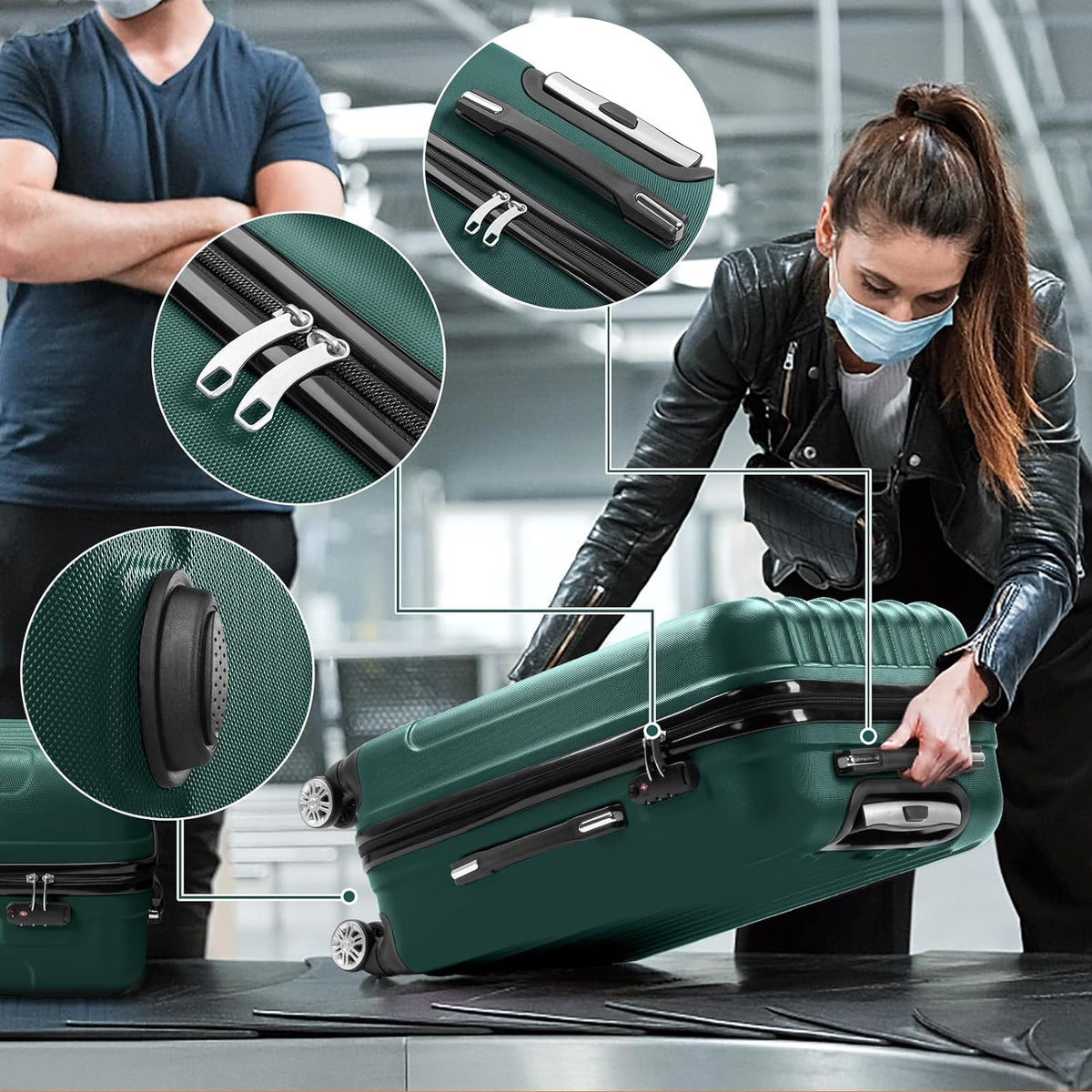 ABS Business (20/24/28) lock, Lightweight Suitcase Luggage Luggages with Wheels of - on Set Travel Spinner 3 Hardside Green TSA Sets & Carry Portable for Dark