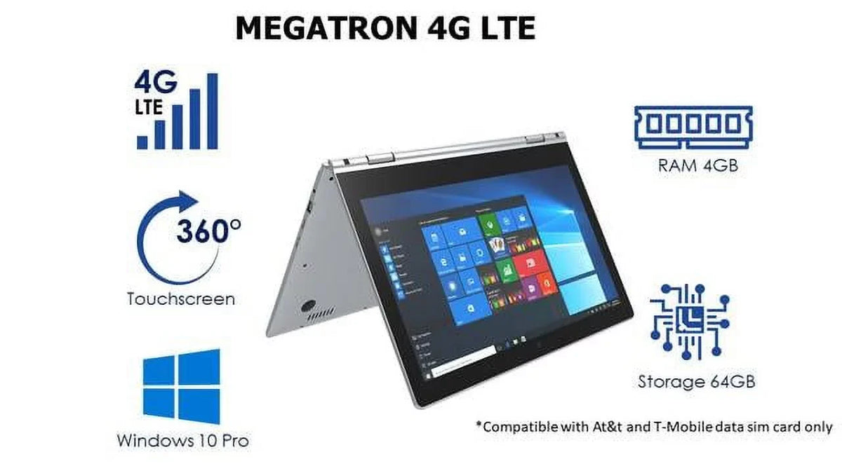 10 LTE-14.1” Pro, IVIEW Screen, High 1080 Megatron 1920 IPS 4GB/64GB Mouse 360° Resolution Windows 4G x and USB Touch