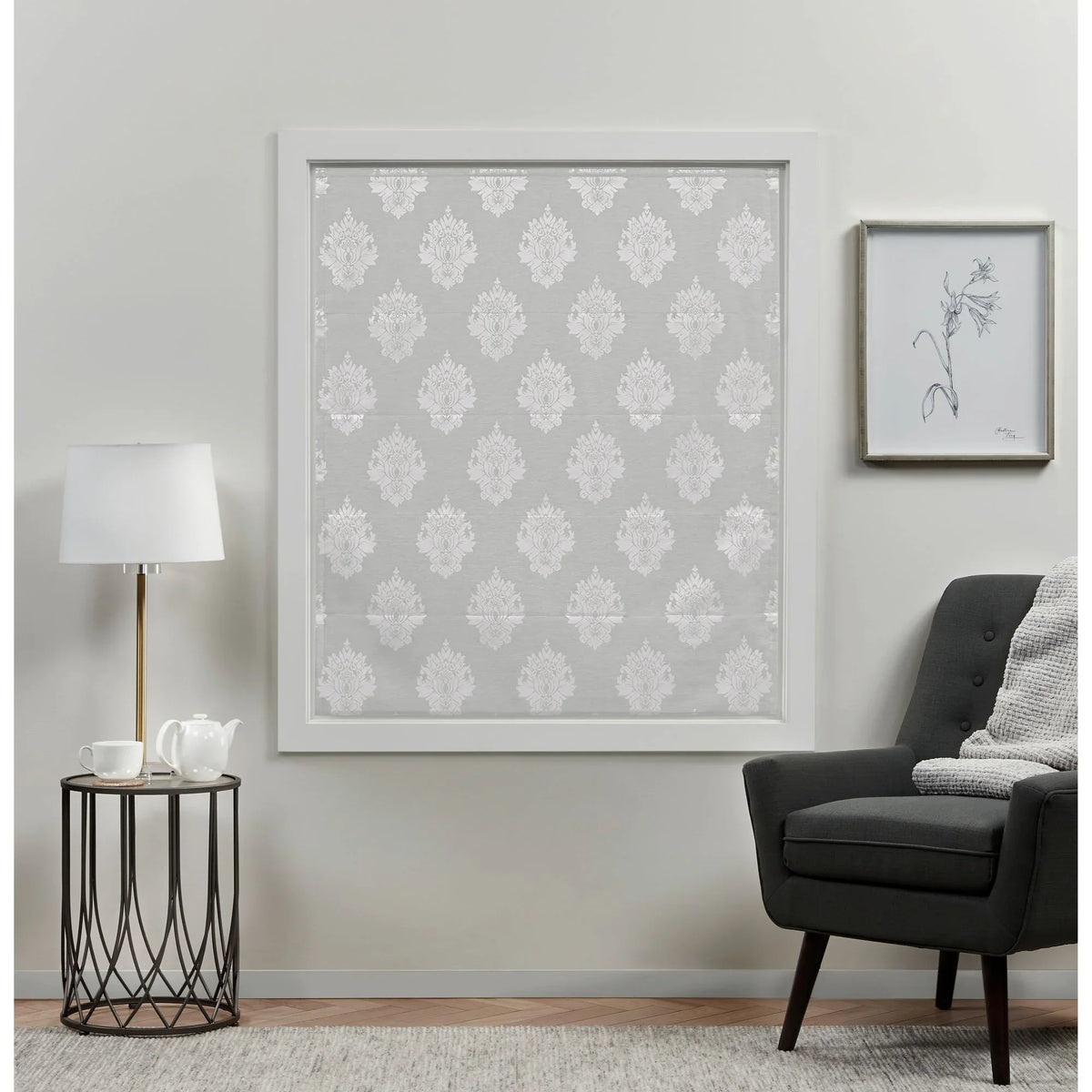 Shade, 34"x64", Blackout Home Roman Exclusive Marseilles 100% Silver Damask