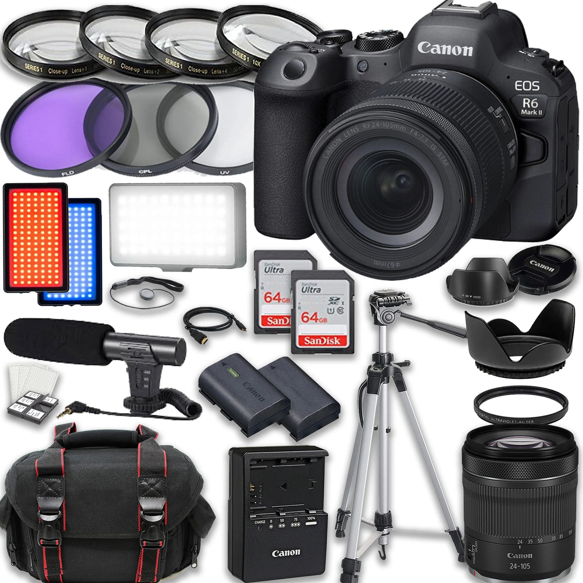 RF Camera Microphone, 2X Cards, Video Extra with Accessories STM & including: Mirrorless Battery, f/4-7.1 24-105mm R6 II More IS Case 64GB Memory Lens, EOS Light, LED Canon Mark