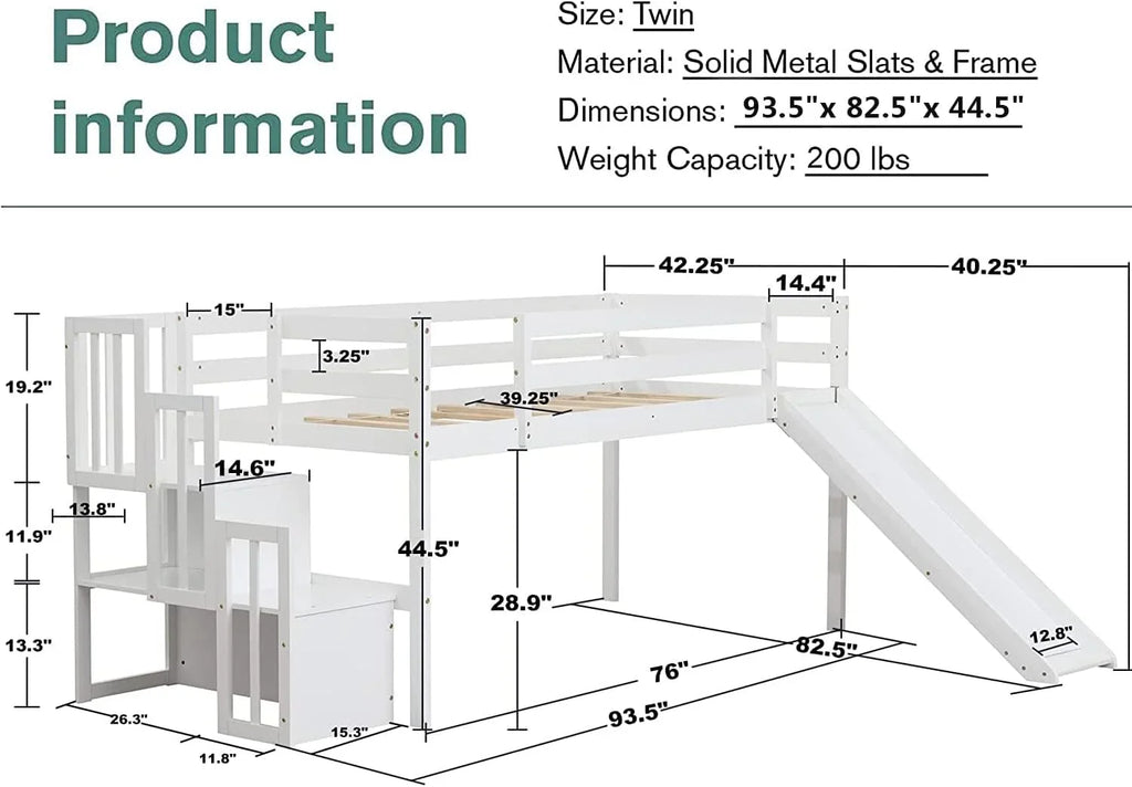 Needed Loft with Size (White) Teens Twin Loft Spring Frame and for Wood Low Bright with Toddlers Box Stairs Rail &amp; Harper Designs No Bed Bed Safety NLTBONNIE Slide