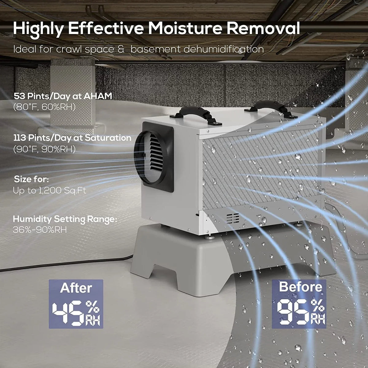 Spaces, with Pint Air BaseAire Refine 113 Defrost, Drain Commercial Memory Dehumidifier Crawl Treatment Starting Hose Auto Basements, for