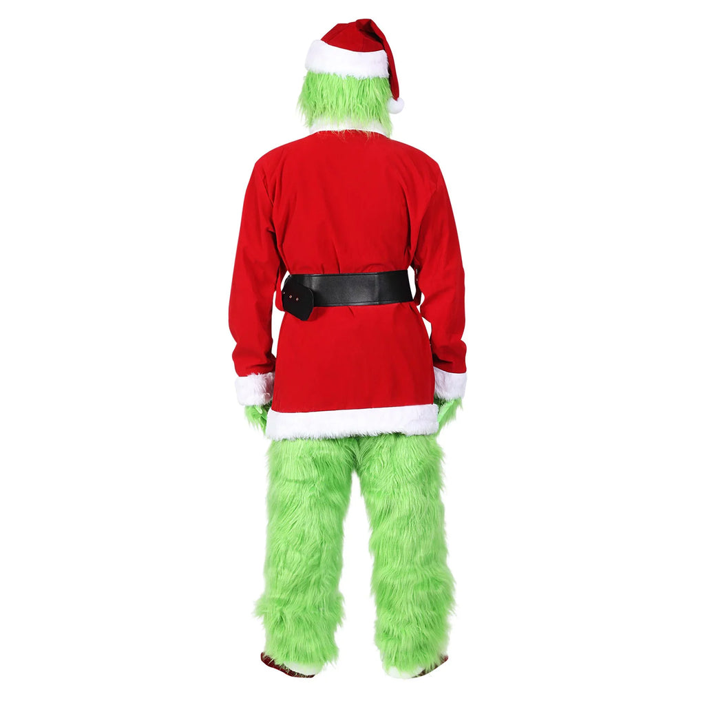 Xmas Halloween Green Furry Monster Men -XXL Set Santa Outfit Big Costume Adult Suit Christmas Deluxe Holiday for 7PCS