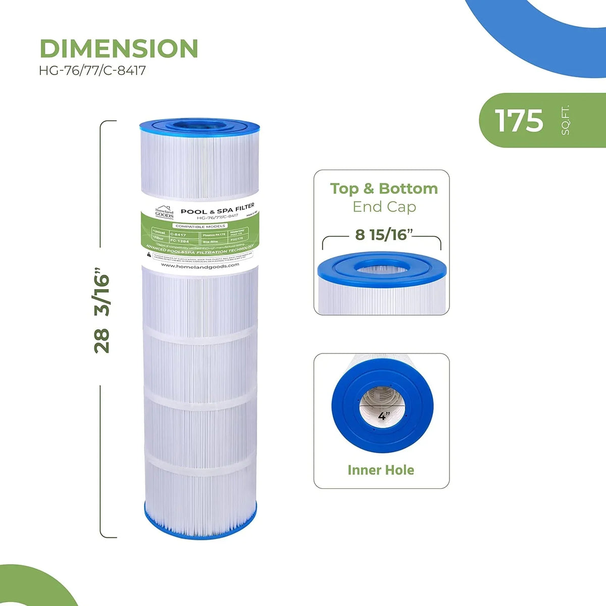Sta-Rite Filbur 28 Pool x 15/16" PLF175A Homeland 1PK C-8417, PCCF-175, PA175, 817-0175P, Filter sqft Waterway 3/16" Unicel 175, CX1750RE, PXC C1750, FC-1294, 175 Replaces Hayward Goods 8 25230-0175S,