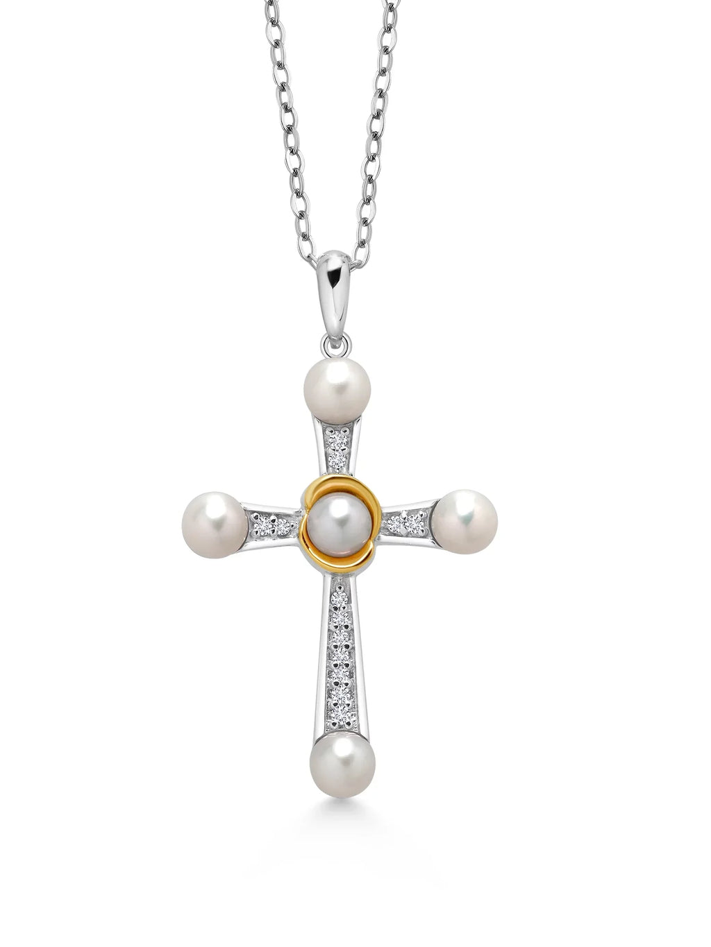 Lab Women Necklace for Stone Pendant and Pearls, Cross inch Cultured 10K Yellow (0.10 925 4-4.5MM Grown Round and Silver 18 Diamond Gem Freshwater King Cttw, Gold Pearl Chain)