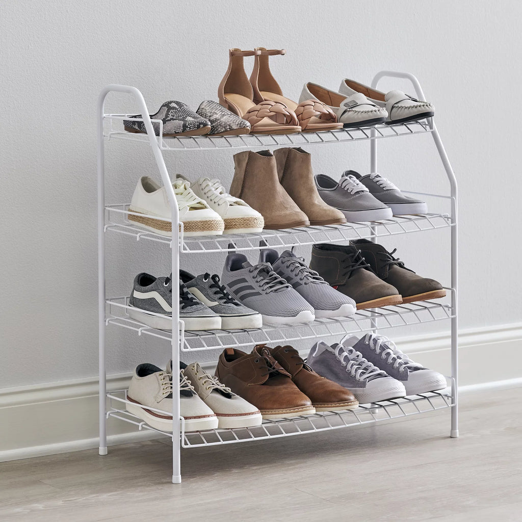 Rack Rubbermaid Freestanding Shelf 4-Tier Organizer, Wire and White Shoe