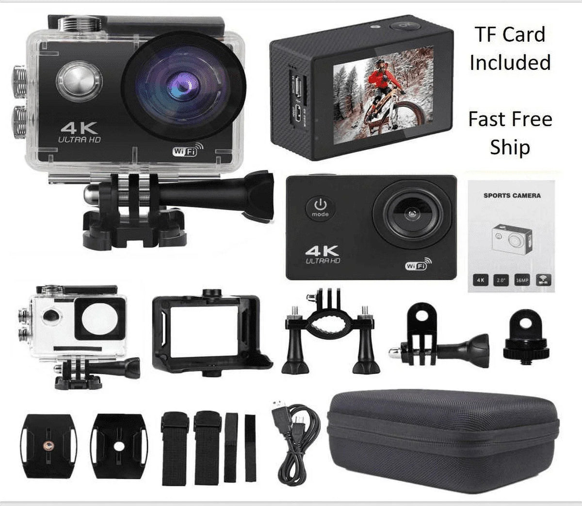 Waterproof, Card, Camera Under 1080P Included HD Action TF Case Camera Carry Battery, Sports 30M
