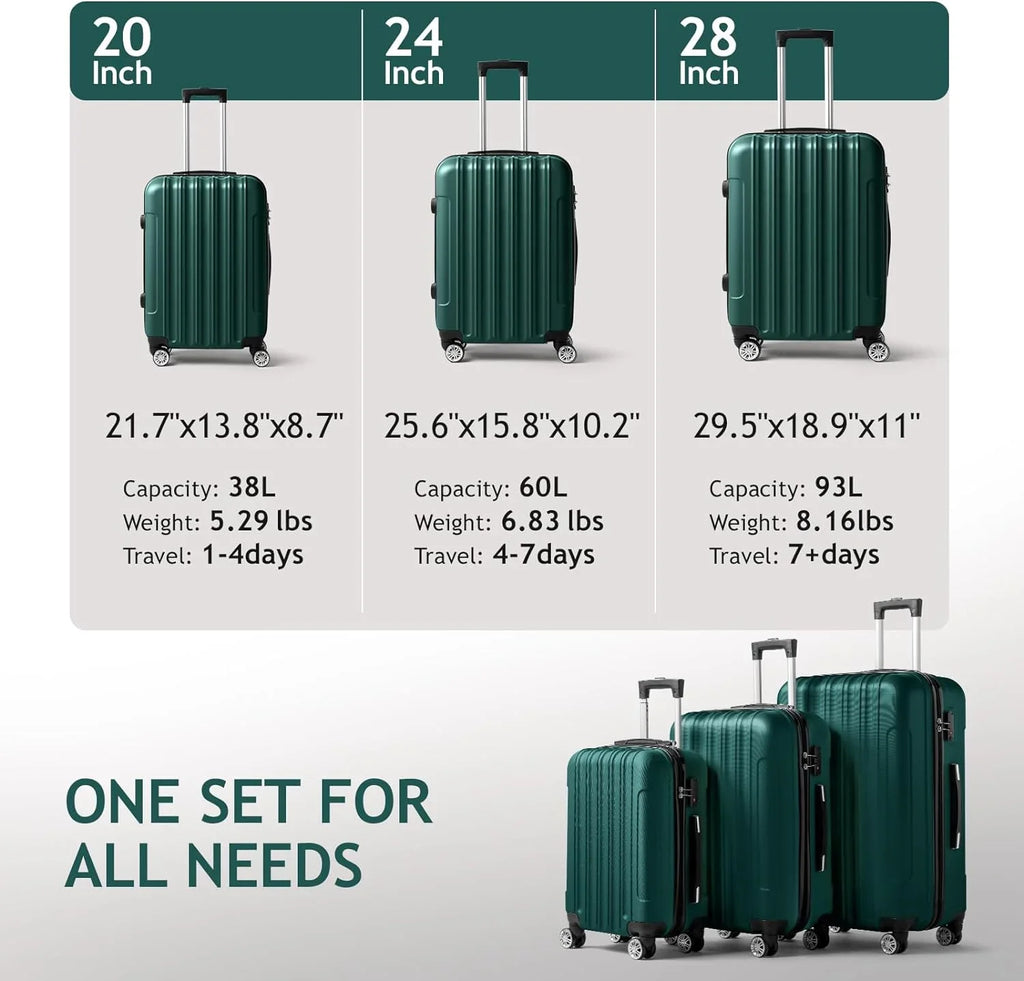 ABS Business (20/24/28) lock, Lightweight Suitcase Luggage Luggages with Wheels of - on Set Travel Spinner 3 Hardside Green TSA Sets & Carry Portable for Dark