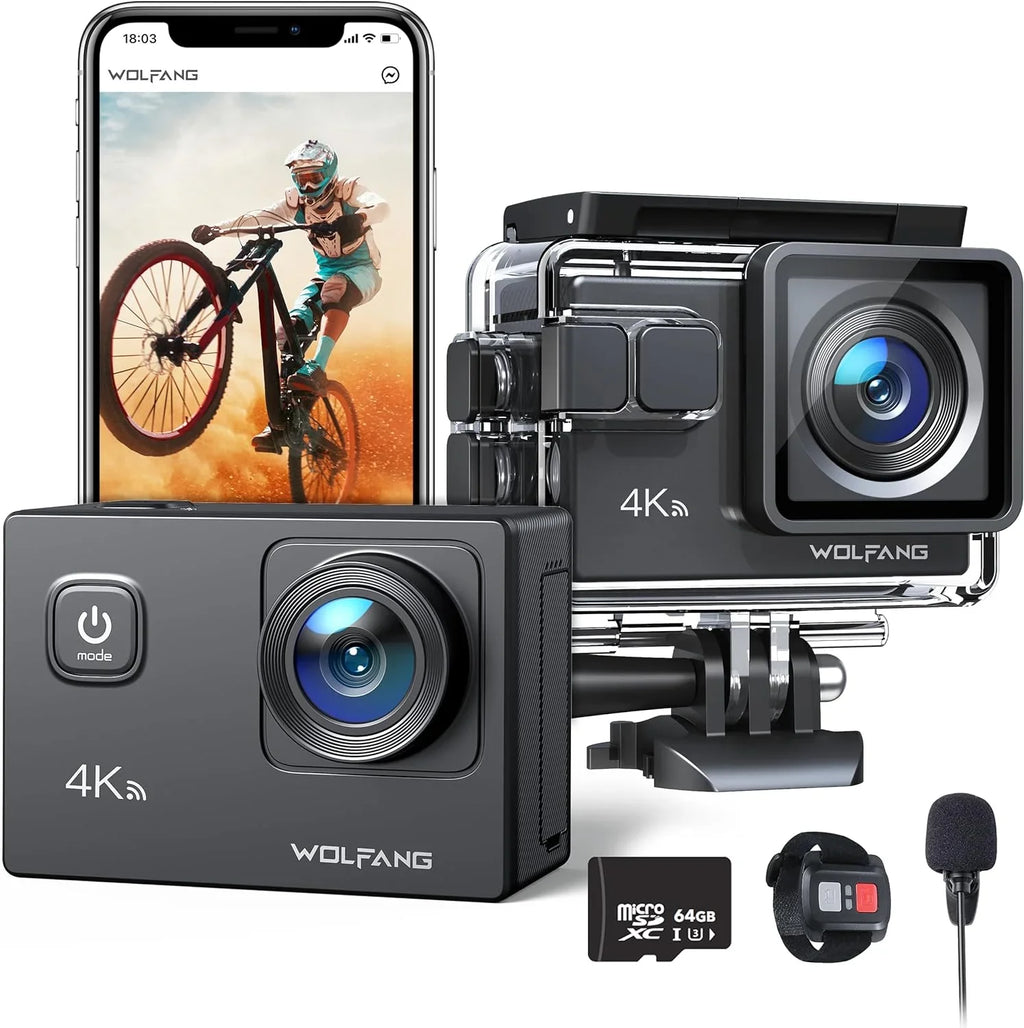 Waterproof EIS Action Camera WOLFANG Action Underwater Video WiFi 20MP Camera 4K 170� 40M Stabilization Camera Cam