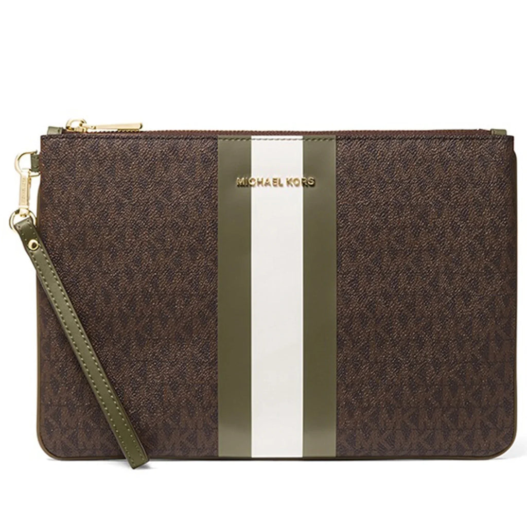 Print Zip Olive) Jet Women's Pouch / Logo (Brown Large Kors Canvas Wristlet Set Michael