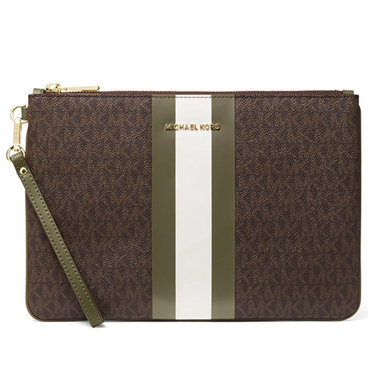 Print Zip Olive) Jet Women's Pouch / Logo (Brown Large Kors Canvas Wristlet Set Michael