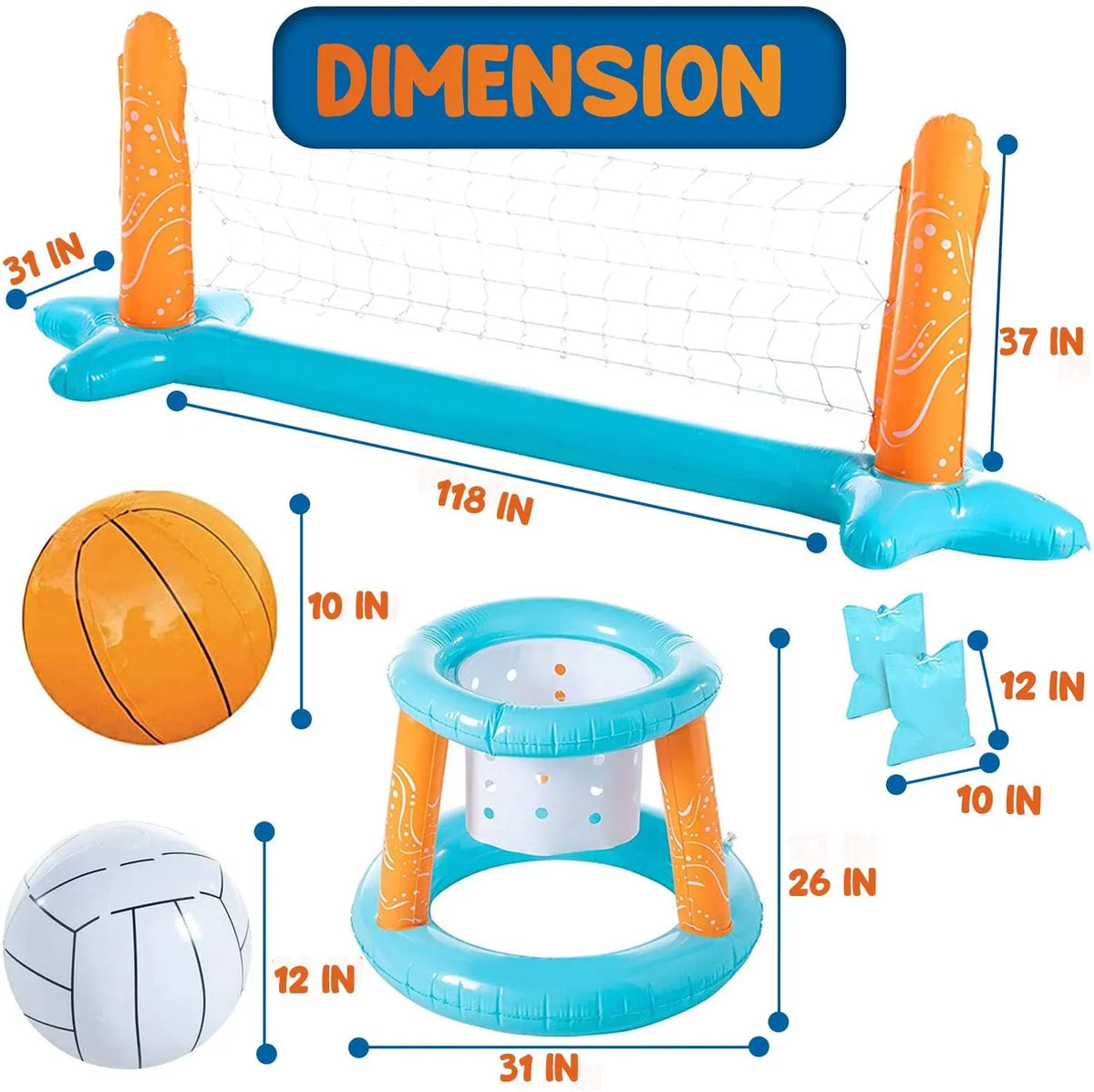 '- Pool Blossom Light Hoop Games Blue Pool and Inflatable Net, Set Bags Volleyball with Basketball Swimming Family 2-in-1 Pool Pool | Floating for Weight