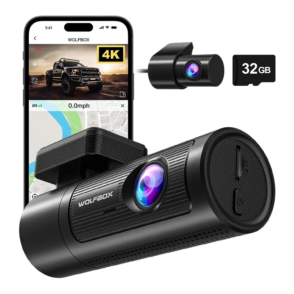 GPS Night Loop Rear UHD Dash 4K Dashcam 1080P WDR, Front and Rear, Recording and WiFi, Card, & DashCam Front WOLFBOX Car with Vision, with Free 32G Cam