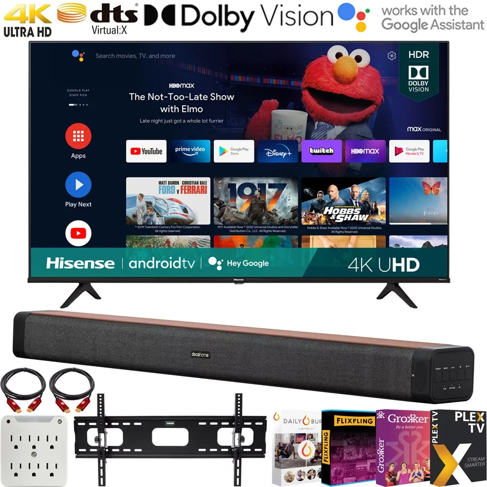A6G with TV 37"-70" + Home Series 60W Premiere Ch with (2021) Bundle Mount Deco + HDR Soundbar Inch Surge 2.0 65 6-Outlet + Adapter 65A6G Hisense Movies Streaming Wall TV Vision Dolby 4K Smart UHD