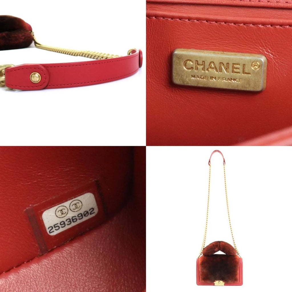 brown Pre-Owned e55871a (Good) red fur/leather ladies handbag bag gold diagonal boy shoulder