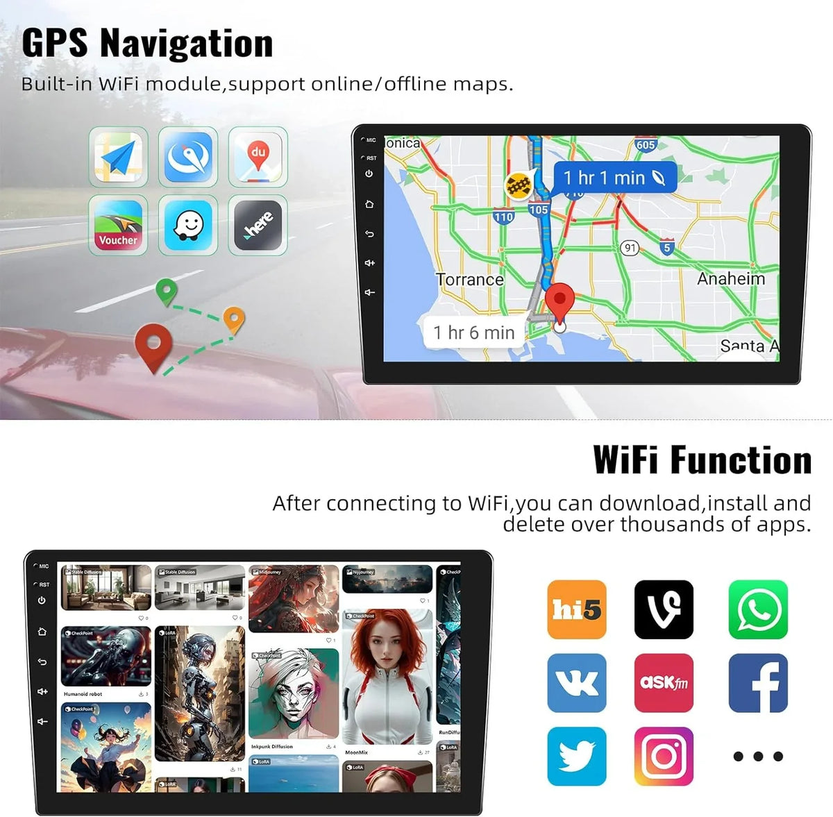 Camera with Bluetooth FM Radio Navigation Stereo 1080P Link Theme with 13 Carplay,10.1 GPS Mirror USB inch Touchscreen Android WiFi Backup 1+32G Car HD Support Receiver Player Change