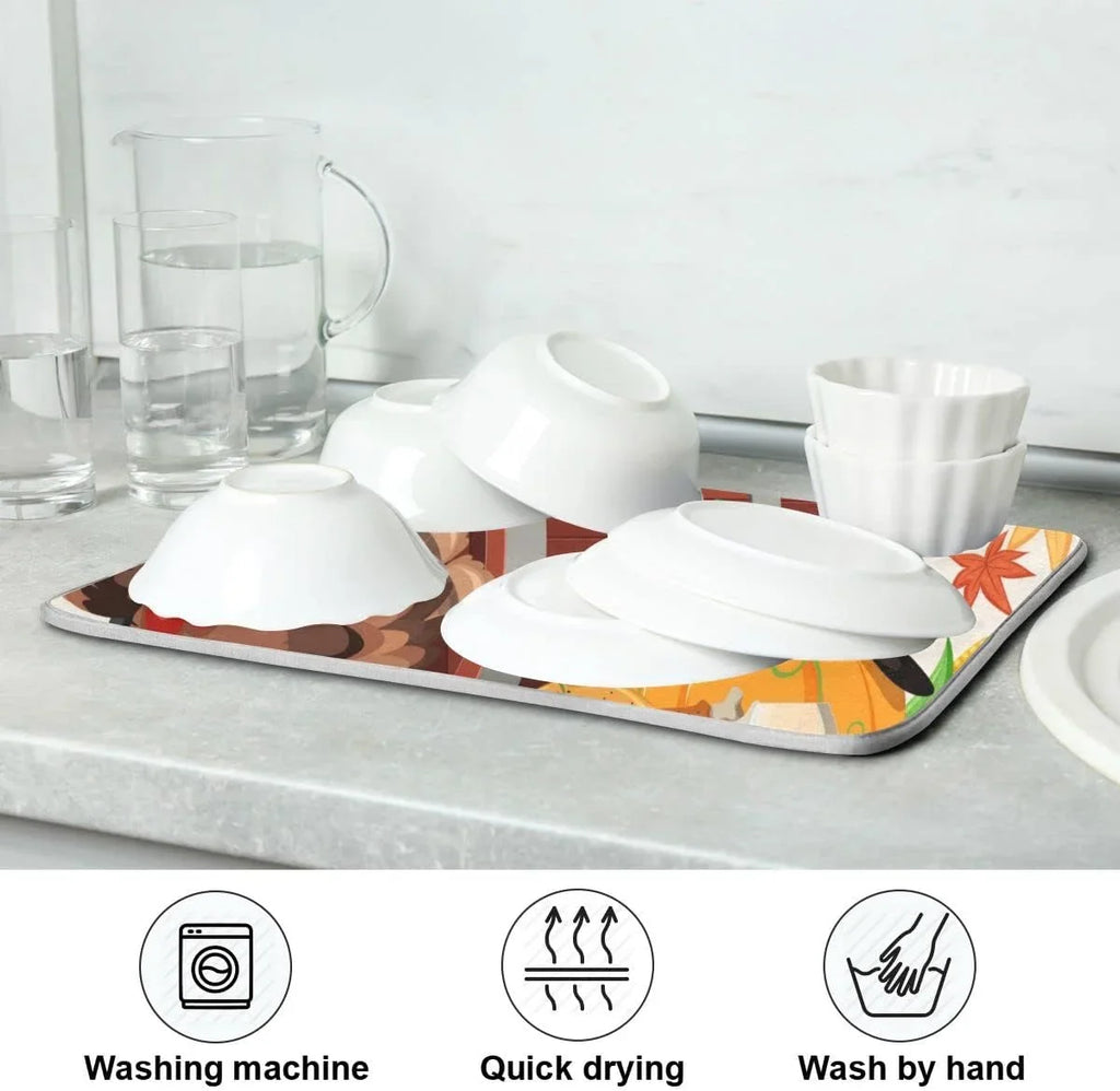 Dry Kitchen Autumn Turkey Dish Thankgiving Harvest Wellsay Fall Accessories Dish Drainer Dishes 16x18inch Mat Rack Fast Counter Happy Pad Drying for Mats Absorbent