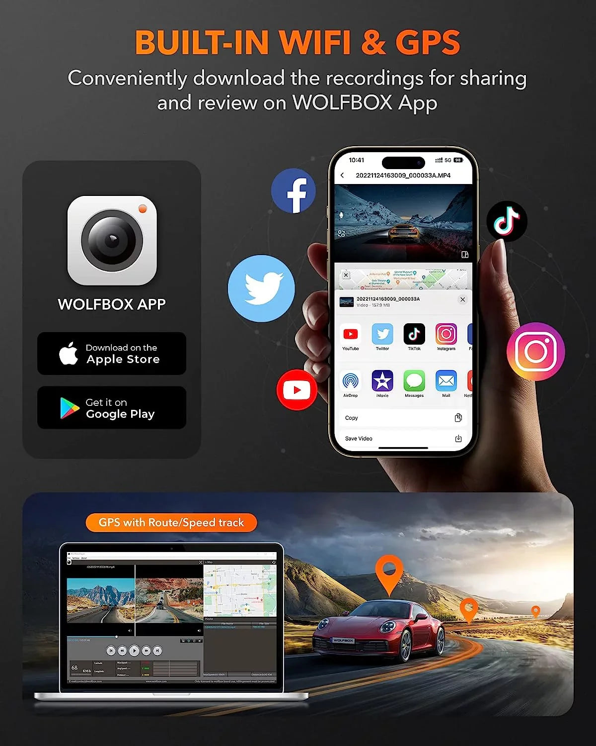 GPS Night Loop Rear UHD Dash 4K Dashcam 1080P WDR, Front and Rear, Recording and WiFi, Card, & DashCam Front WOLFBOX Car with Vision, with Free 32G Cam