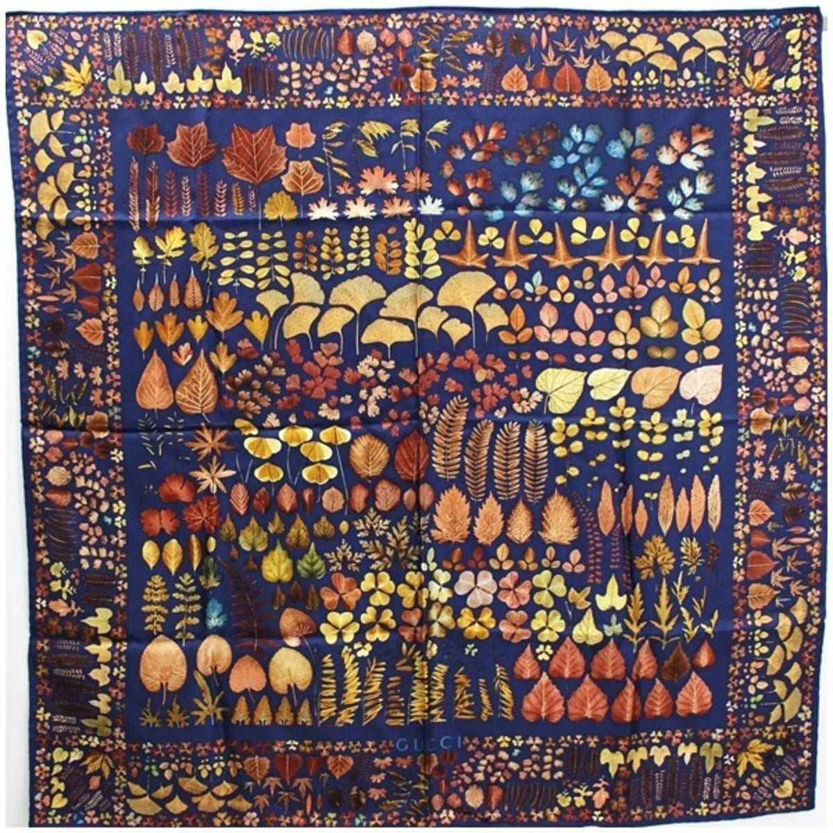 Pre-Owned Silk (Good) Brown Scarf Navy Ladies Pattern Leaves Muffler Fallen x
