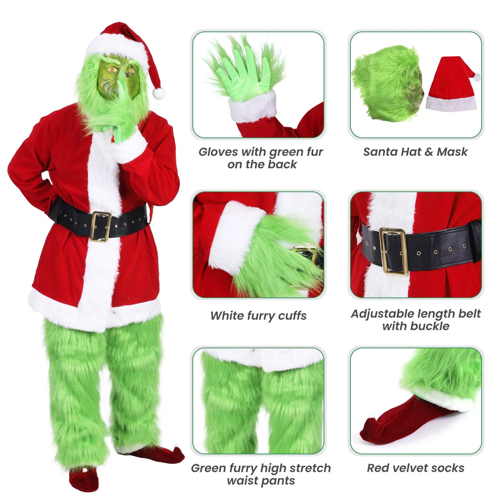 Xmas Halloween Green Furry Monster Men -XXL Set Santa Outfit Big Costume Adult Suit Christmas Deluxe Holiday for 7PCS