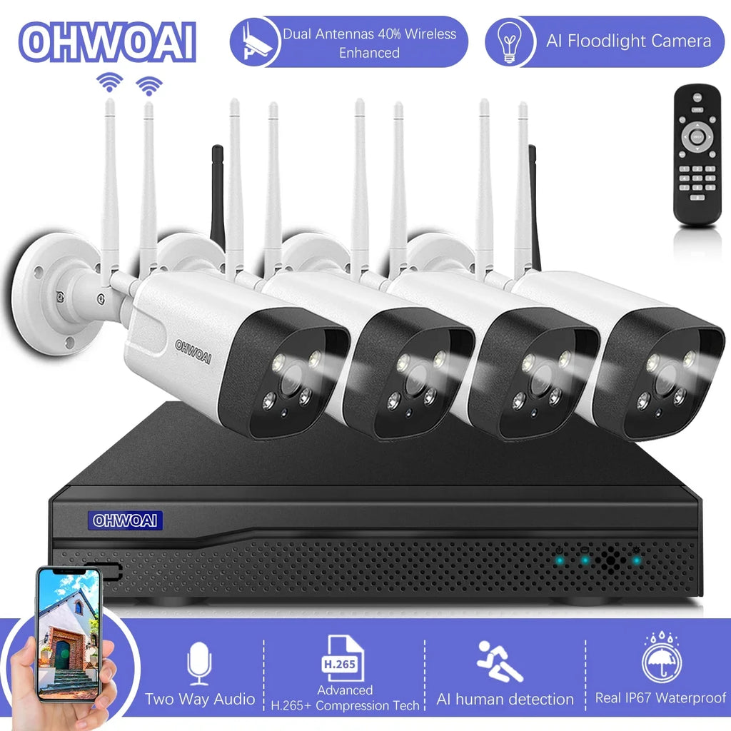 audio Antennas NVR Human Wireless Security Two-way Dual Home 3.0MP AI No waterproof, Camera 8CH HDD, IP66 System, Surveillance Detection {4pcs Floodlight},