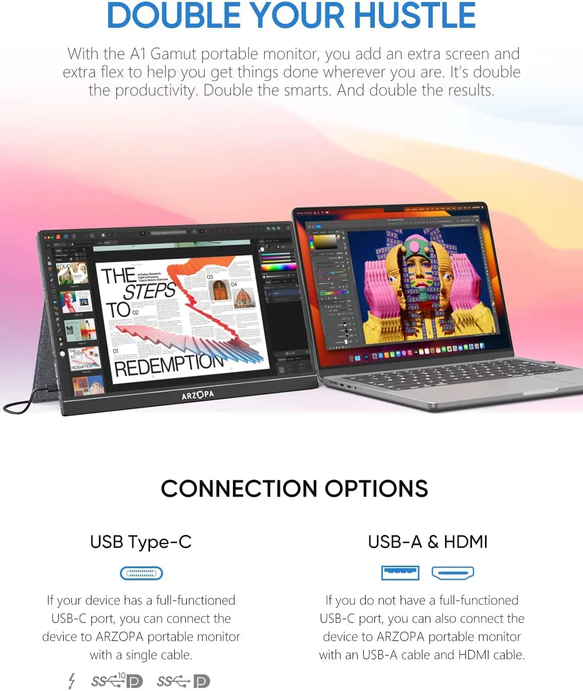 1080P C Portable GAMUT HDMI Portable Monitor A1 Arzopa Screen FHD Display External Monitor Laptop USB Computer - 15.6'' IPS