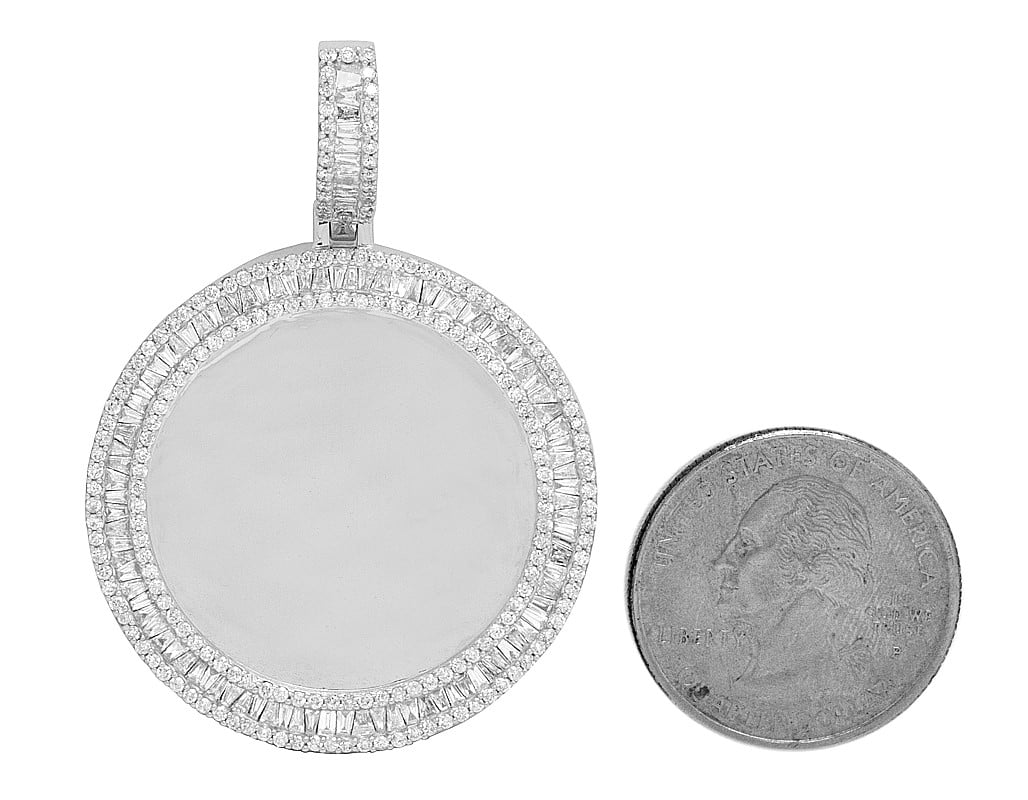 White Memory Diamond Frame 2" 2.2CT Gold Baguette Photo Engrave Pendant