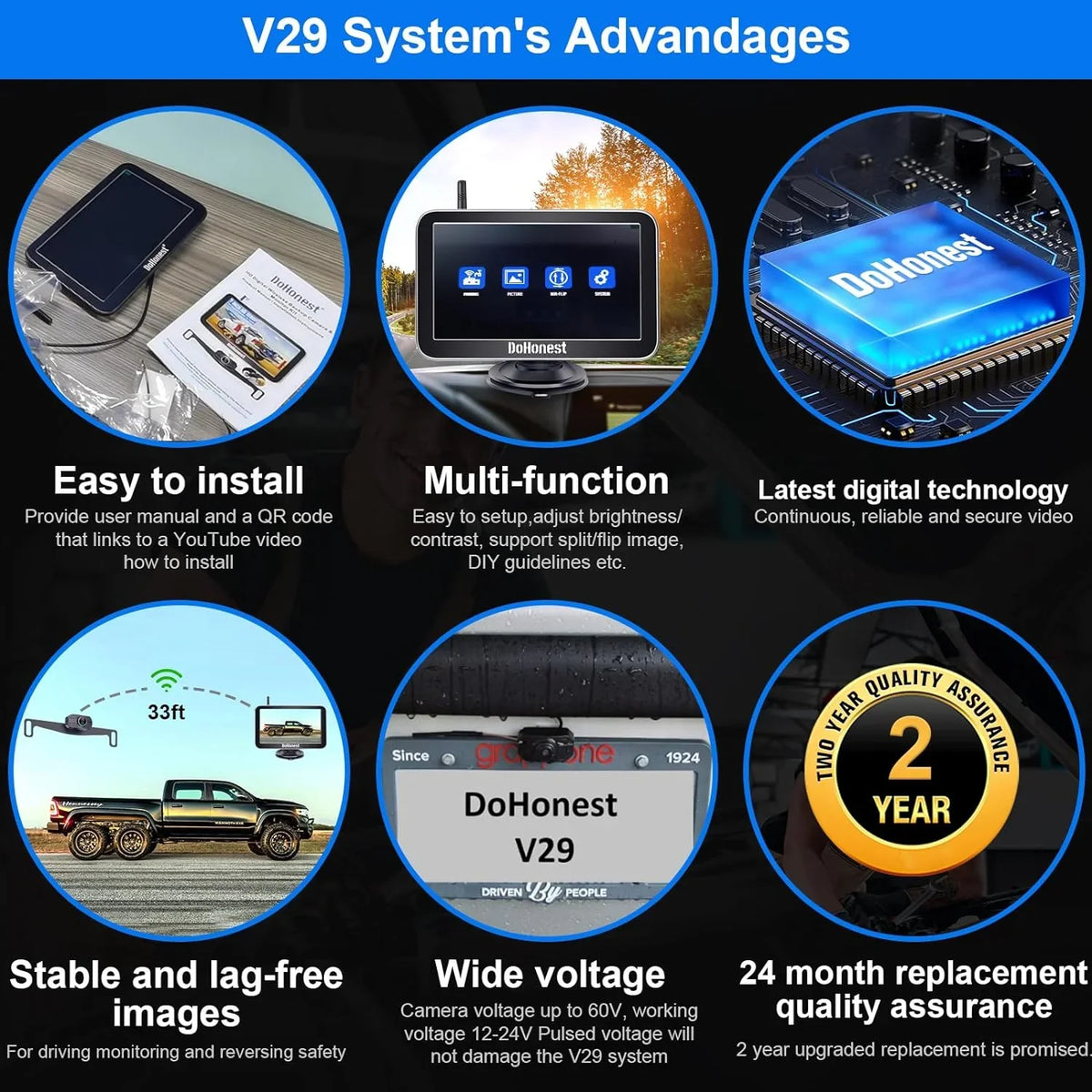 Play DoHonest Install V Backup for Channel Night Stable Wireless 7-Inch: Car Auto-Switching Bluetooth Monitor Easy Camper and vision Reverse Cam Truck Pickup Van Camera HD 2 Plug Kit Signal to 1080P