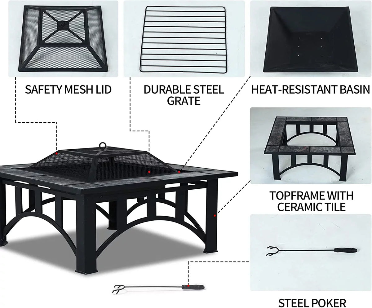 with Heating, Fire Marble Square Burning Poker Wood Fire Patio Pits Tile and Patio Tables 35'' Bonfire,Camping,Outdoor Grand Spark for for Outside Screen Tabletop