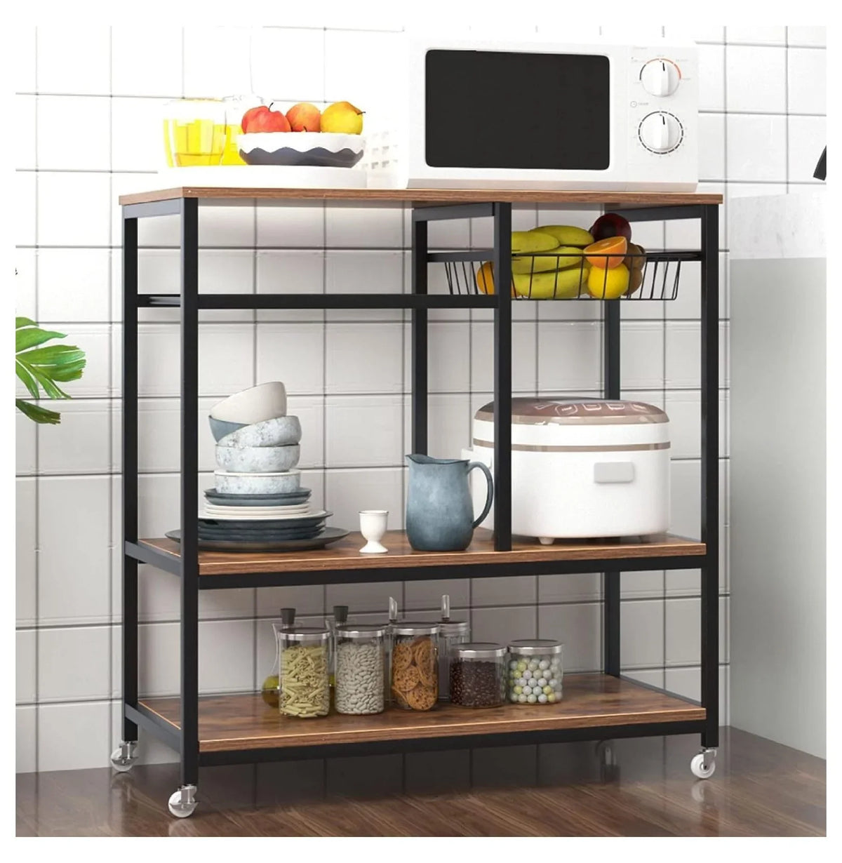 oddfain Kitchen with Brown on Wheels Station, 3 Serving Tier Bakers for Dark Microwave Kitchen Coffee Rolling Cart Rack Cart Utility Carts Outdoor Storage Bar