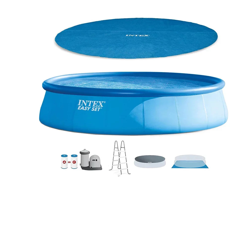 Inflatable & Ladder, Pool with Ground Intex Metal Above x Cover Pump Round Frame 18ft 48in