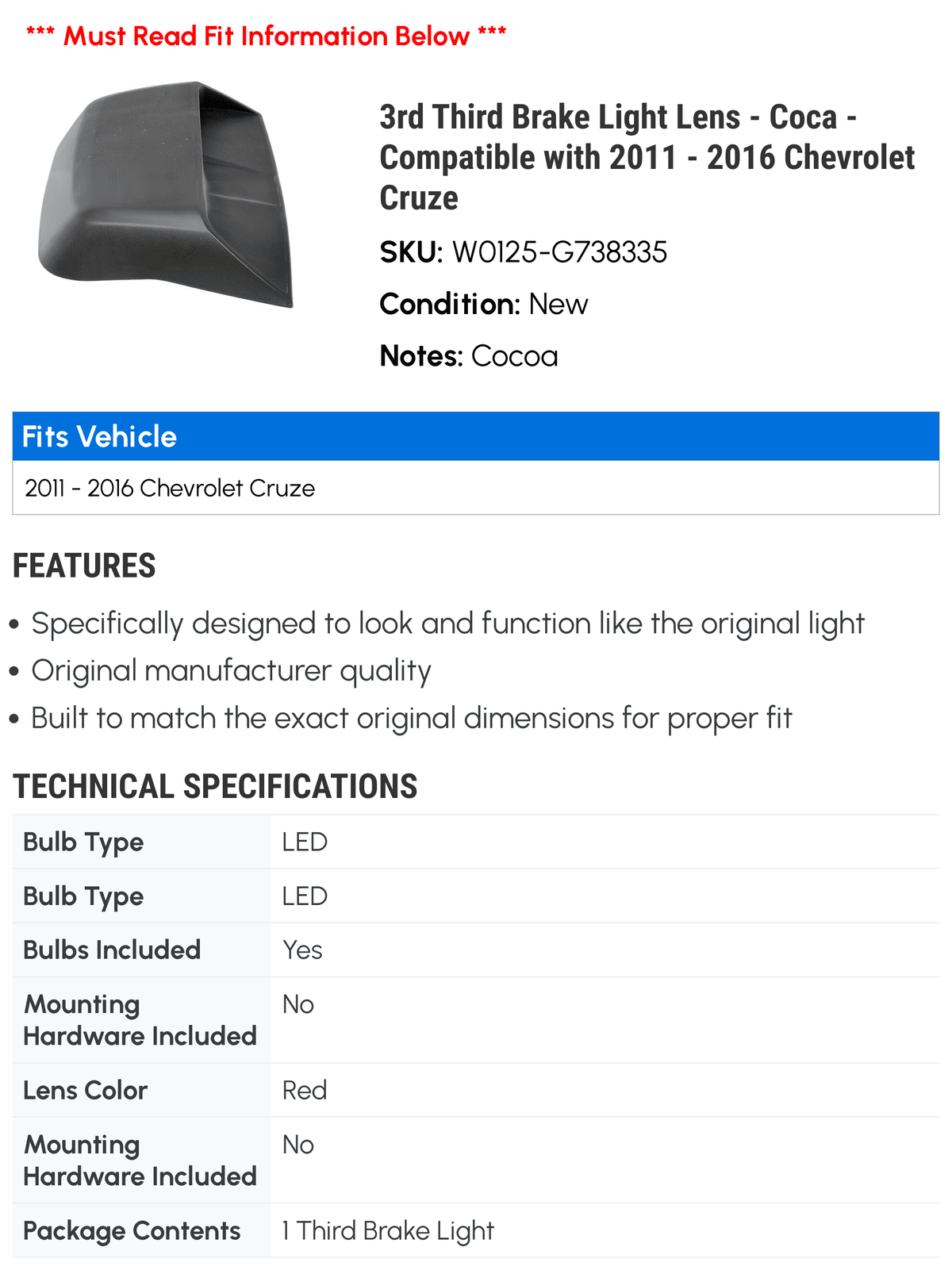 Coca 2013 3rd 2011 Lens Compatible - Third - 2015 Light 2014 Brake with 2016 2012 Cruze - Chevy