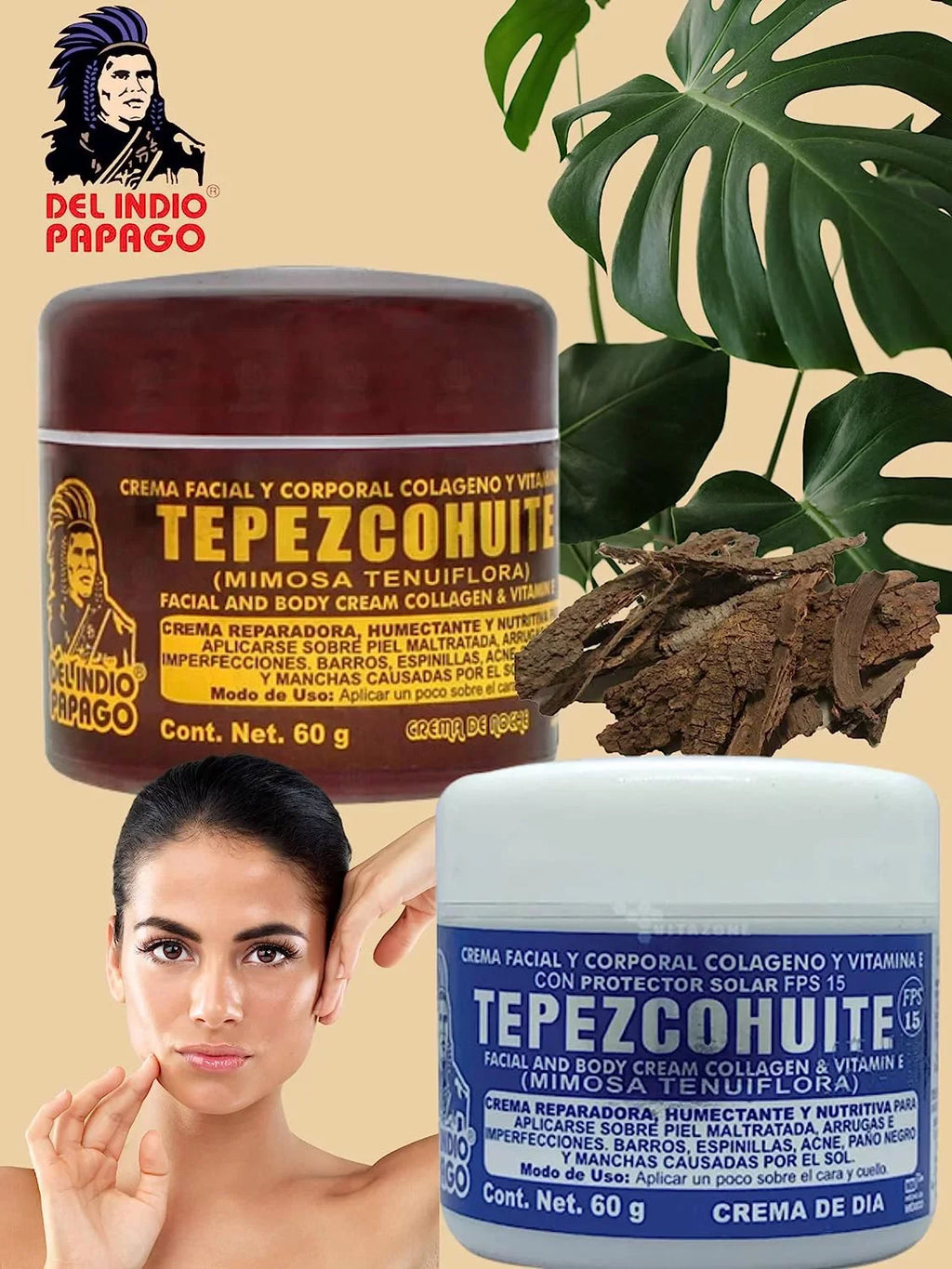 (2oz Acid Serum Del & Oz) Tepezcohuite (125g) Hyaluronic creams Papago + Fl (3.38 + Night Soap Tepezcohuite each) Indio Day