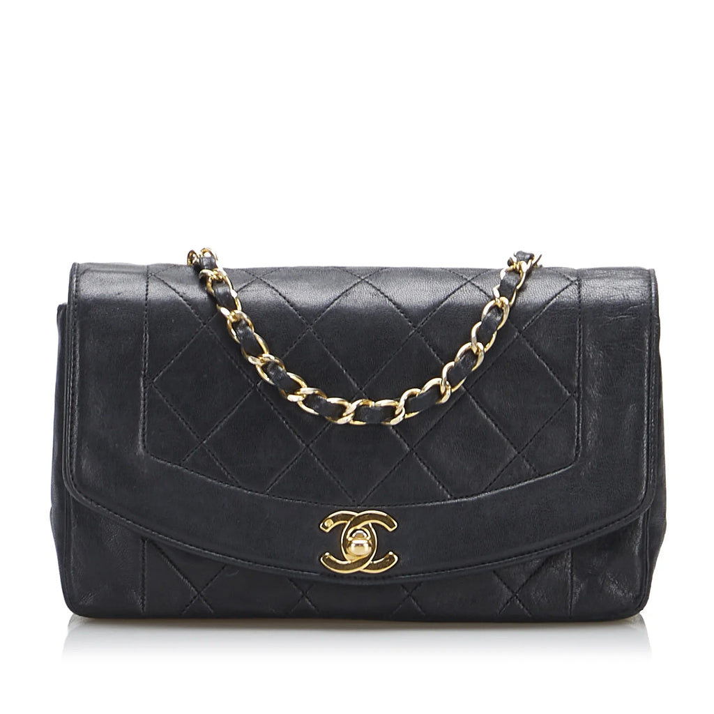Leather Black Pre-Owned Crossbody Unisex Bag Flap Authenticated Small Lambskin (Good) Diana