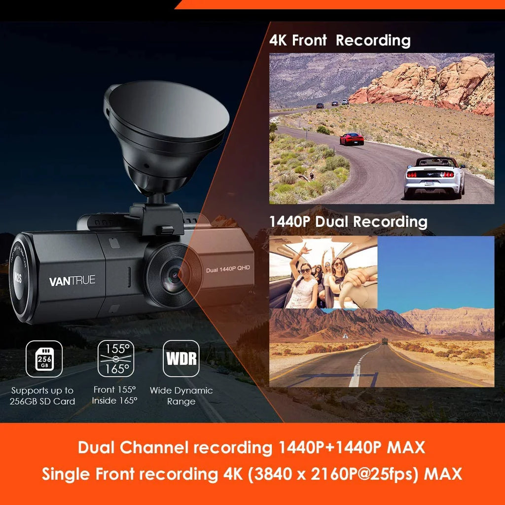 Camera Dash w/ | N2S Dash Vantrue GPS | Infrared 4K Inside Front NV Cam and