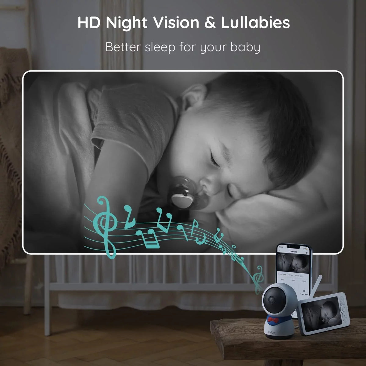 Detection 300M Monitor Night Video BOIFUN Vision, Monitor Remote & APP, Auto Motion Audio Smart Pan-Tilt-Zoom, Camera with Baby Baby with 5'' and Range, Long Track, 1080P, Two-way