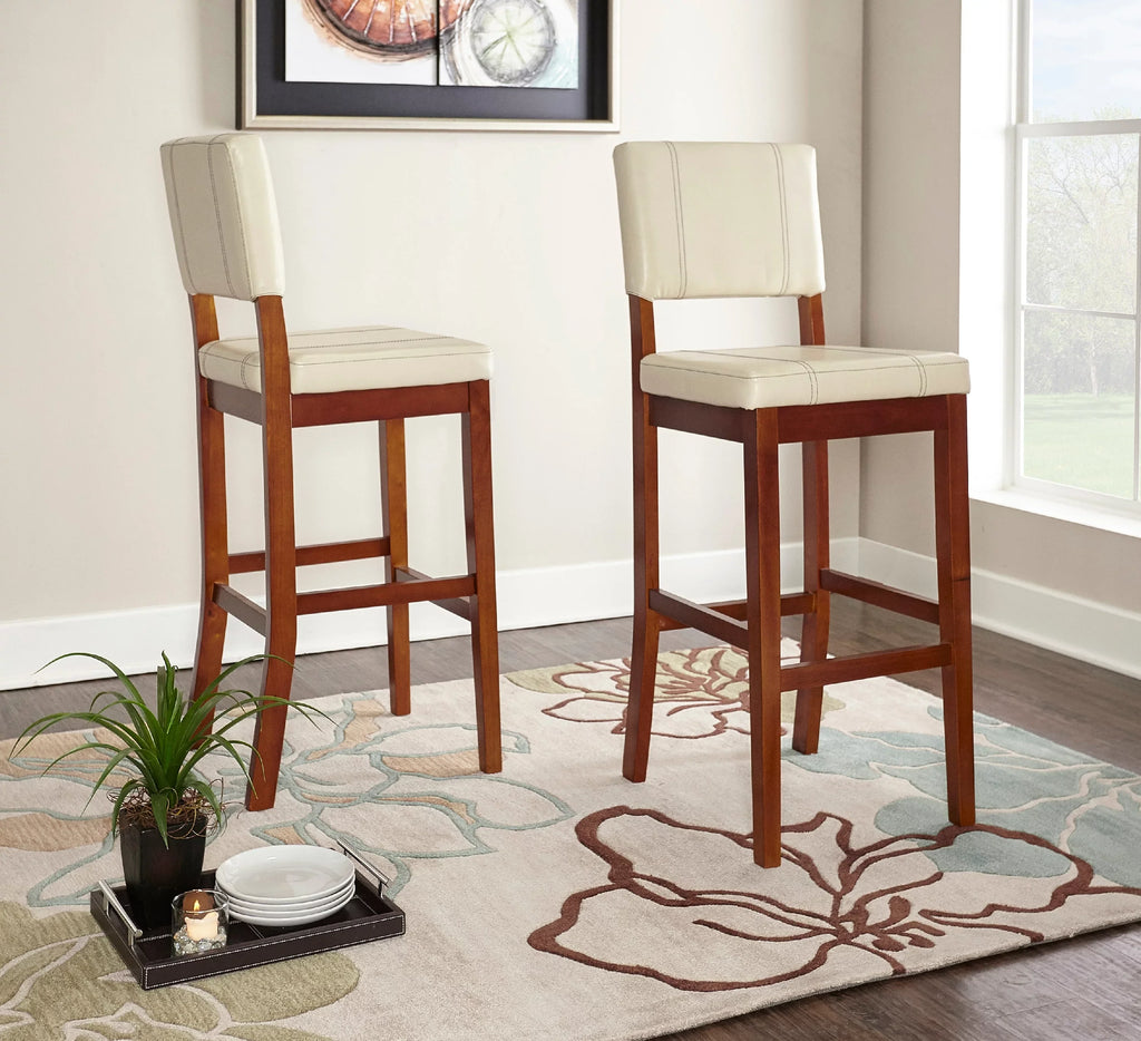 Walnut Finish Stool, Linon Padded Bar 30" Dark Mulberry with Medium PVC Height, Fabric Cream Seat