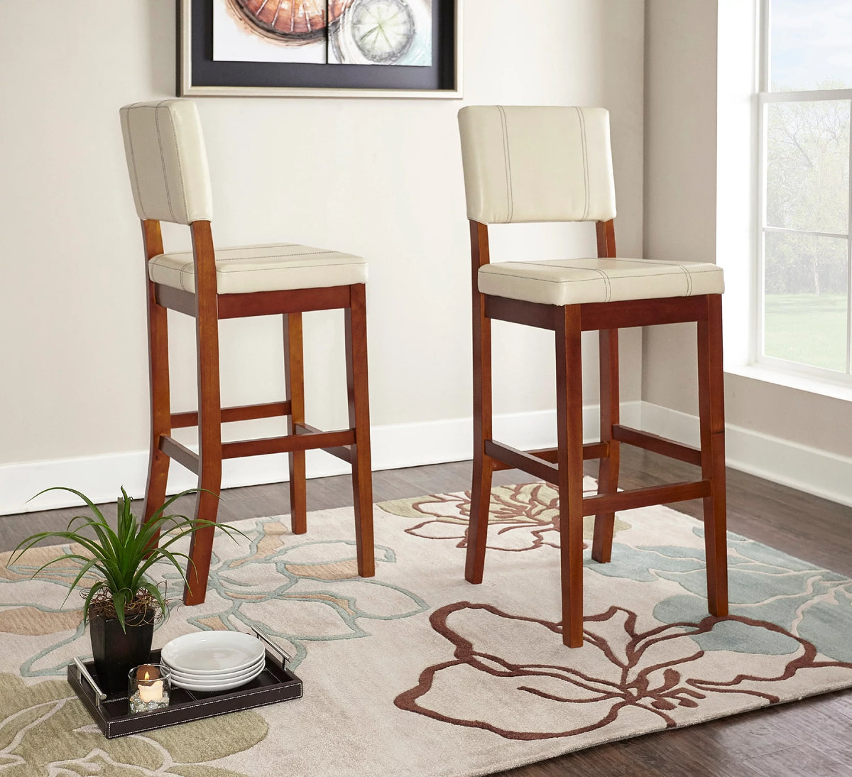 Walnut Finish Stool, Linon Padded Bar 30" Dark Mulberry with Medium PVC Height, Fabric Cream Seat