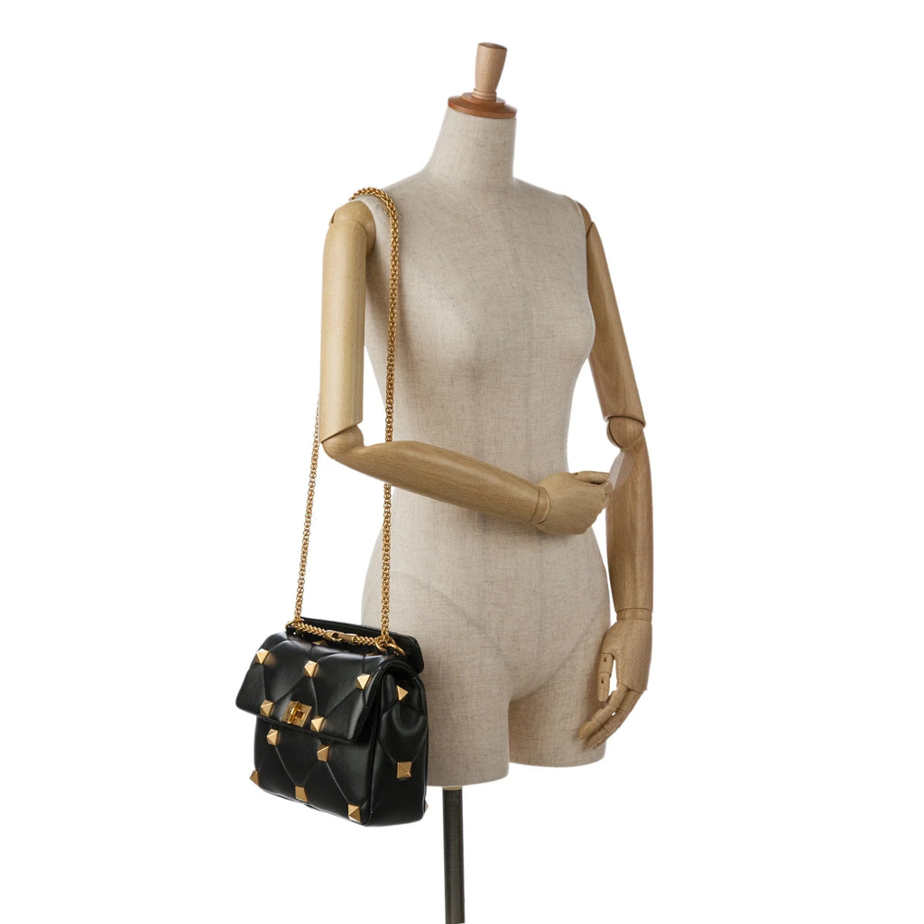 Pre-Owned Roman Stud (Good) Valentino Authenticated Leather Medium Unisex Satchel Black Calf
