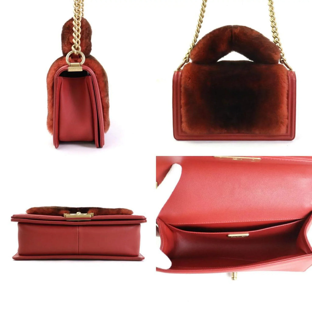 brown Pre-Owned e55871a (Good) red fur/leather ladies handbag bag gold diagonal boy shoulder