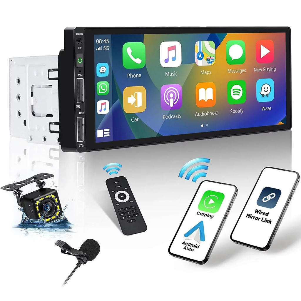 Podofo Mirror Player Car Radio Android HD Carplay USB,with Mic&Backup Link Camera Single Wireless Multimedia Bluetooth 6.86'' Touchscreen Car Audio Din Stereo 1 FM MP5 Auto Receiver