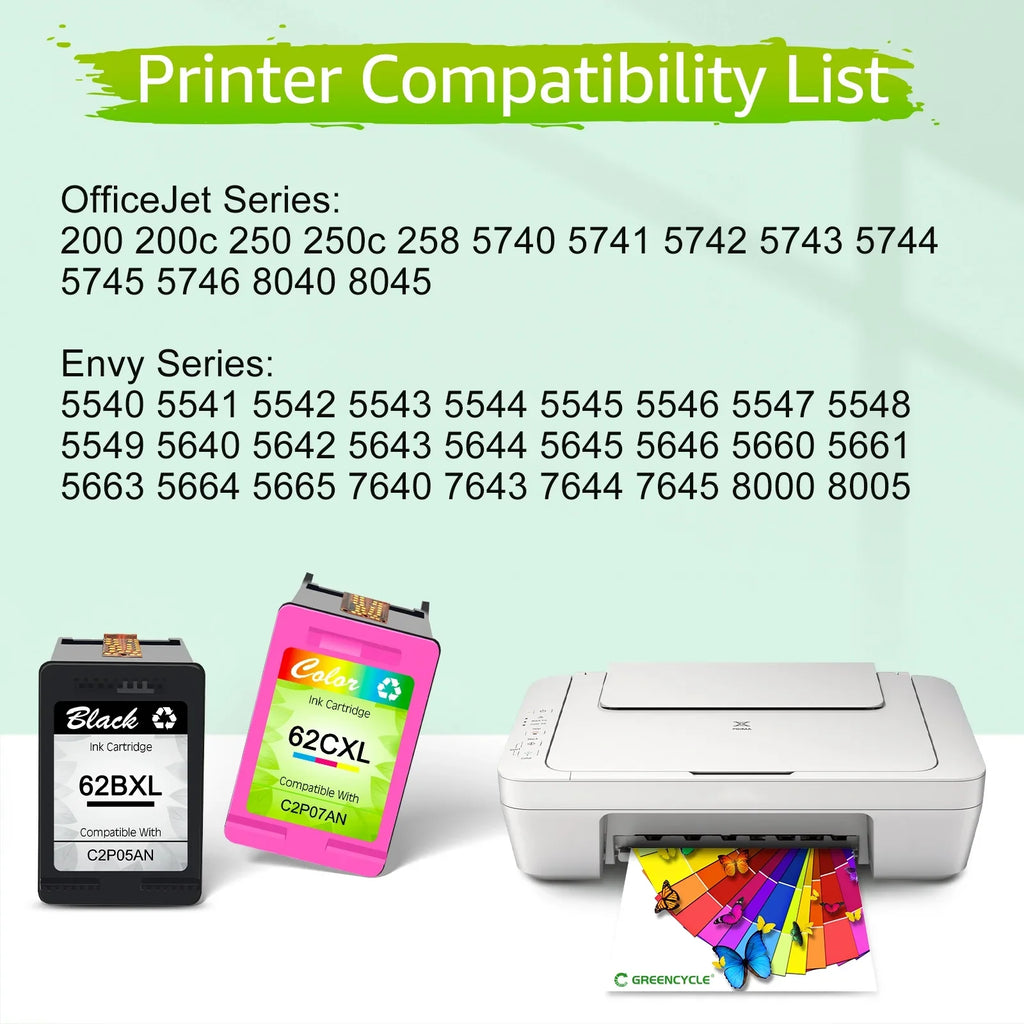 Envy 5540 Replacement Cartridges 5740 for Compatible High Ink 5640 OfficeJet 8040 250 HP GREENCYCLE OfficeJet (3 with 7644 62XL 62 200 Tri-Color) 7645 XL 5660 Yield