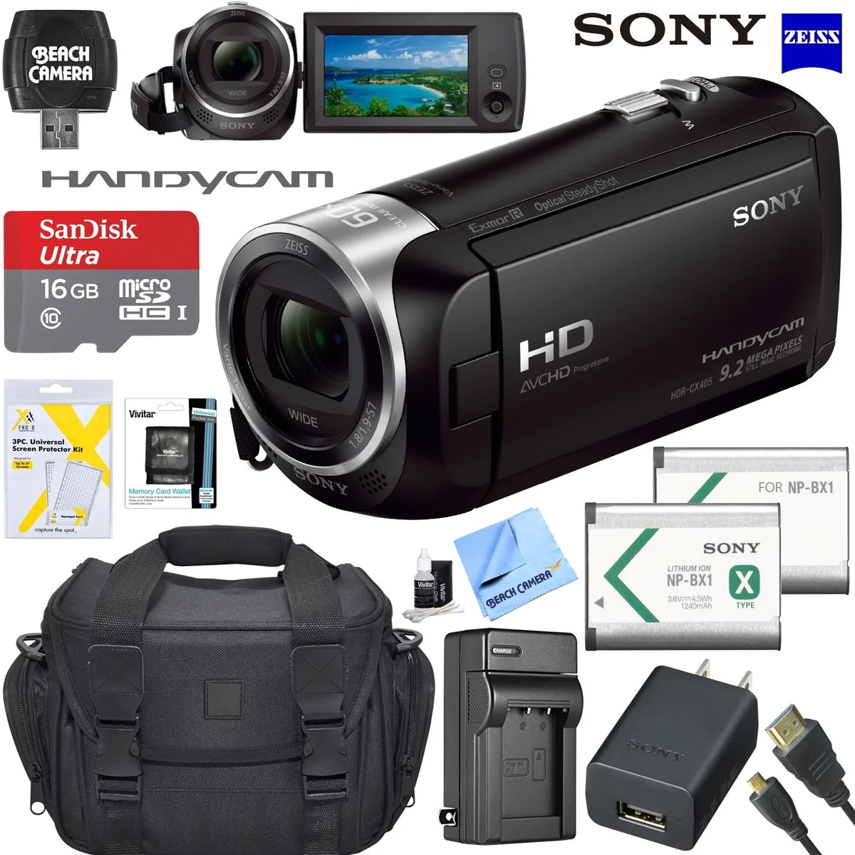 HD Handycam Bundle Spare Micro Recording More Charger and Camcorder Cable High HDRCX405 Battery SD Card HDMI Video Speed with Memory