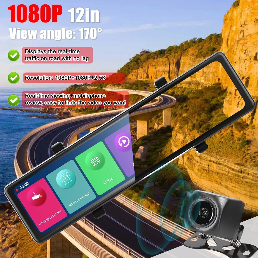 Driving Car Clear Rearview 2.5K Recorder 12in Screen Auto Cam Mirror Carplay 3 Video Touched Car Cameras Andoer Car Recorder Recording Dash
